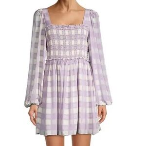 TOCCIN Smocked Puff Sleeve Minidress Checkered Lavender and White Size Medium